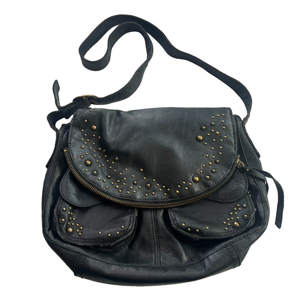 Lucky Brand Purse Stash Crossbody Italian Leather Studs Black Fold Over - Picture 1 of 13